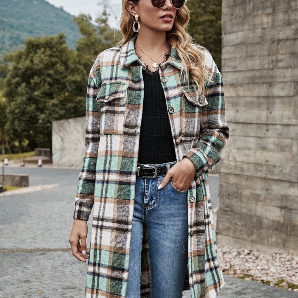fall classic button plaid pocket jacket coat - Picture 7 of 13